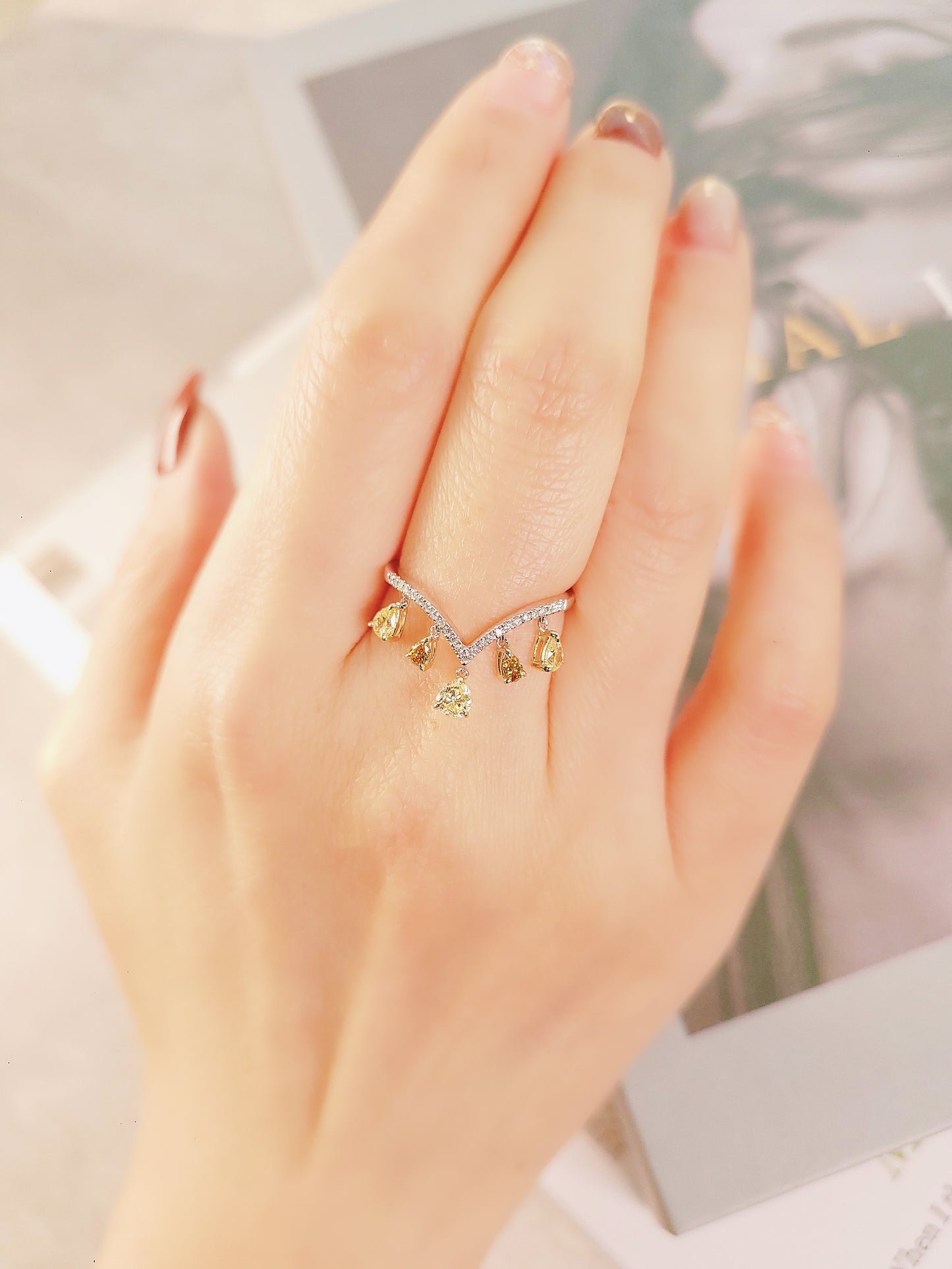 Dangle Yellow Diamond & Diamond Ring-WK3648BW