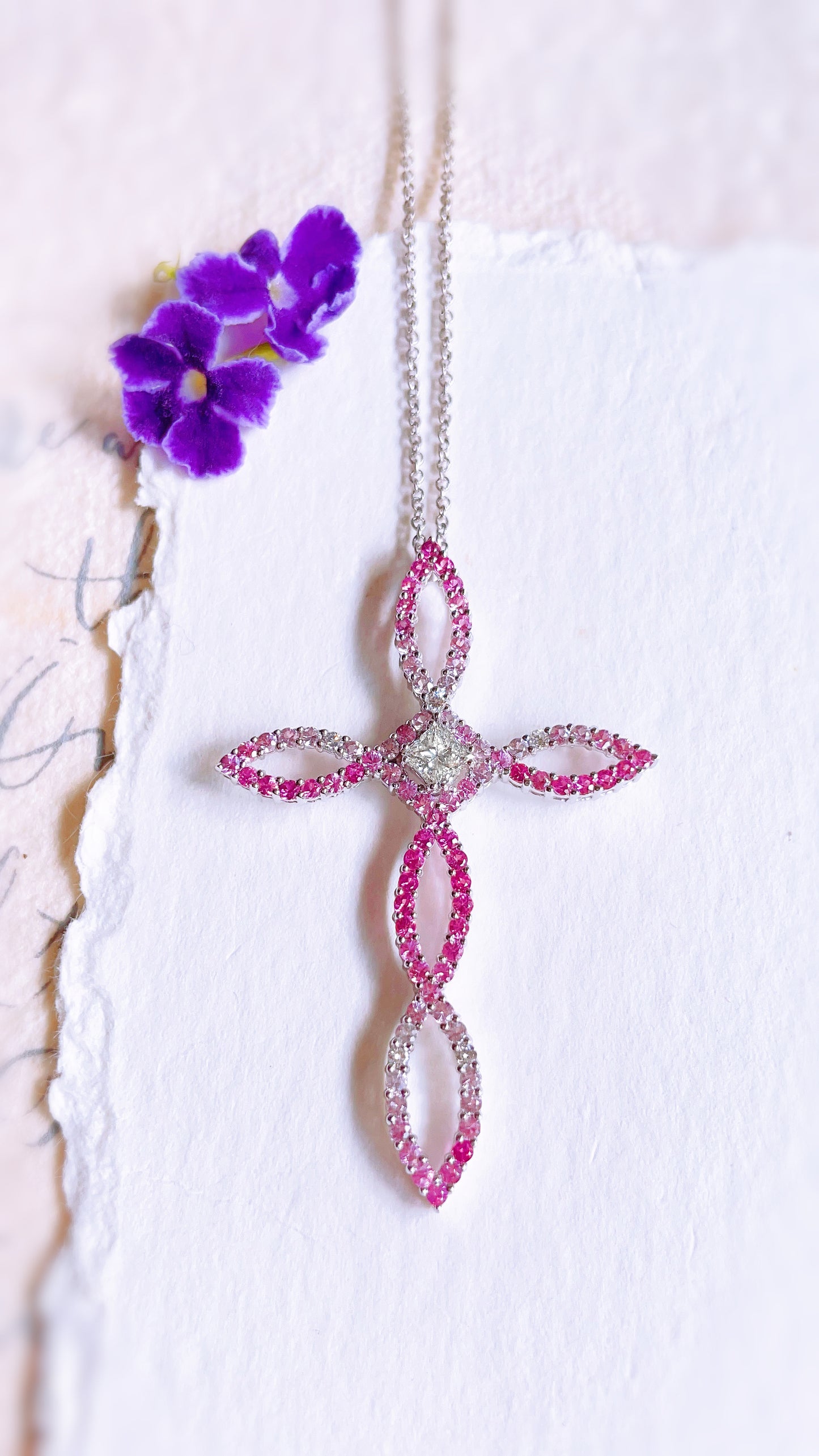 Pink Sapphire And Diamond Cross Pendant-BEO00001443