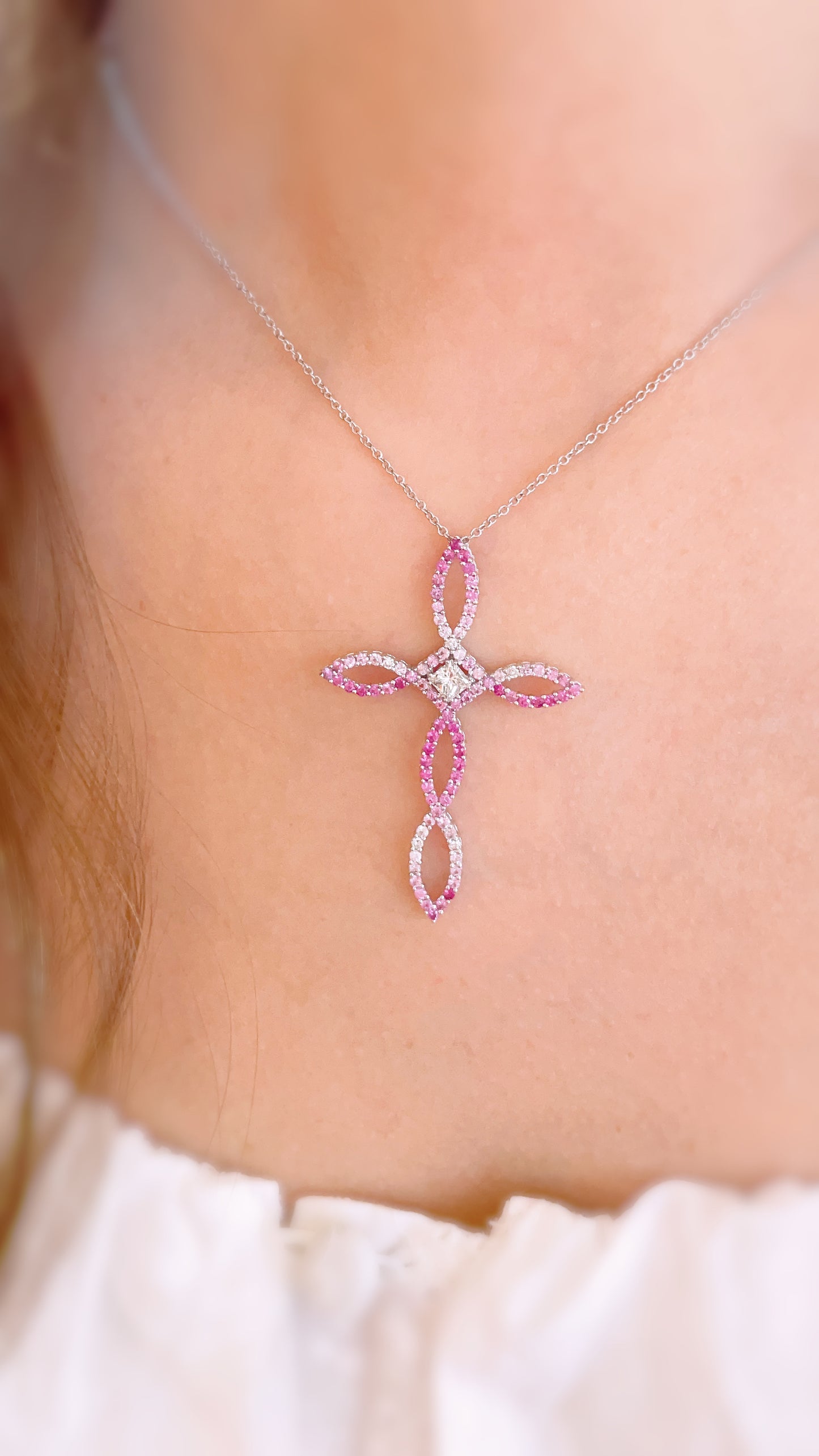 Pink Sapphire And Diamond Cross Pendant-BEO00001443