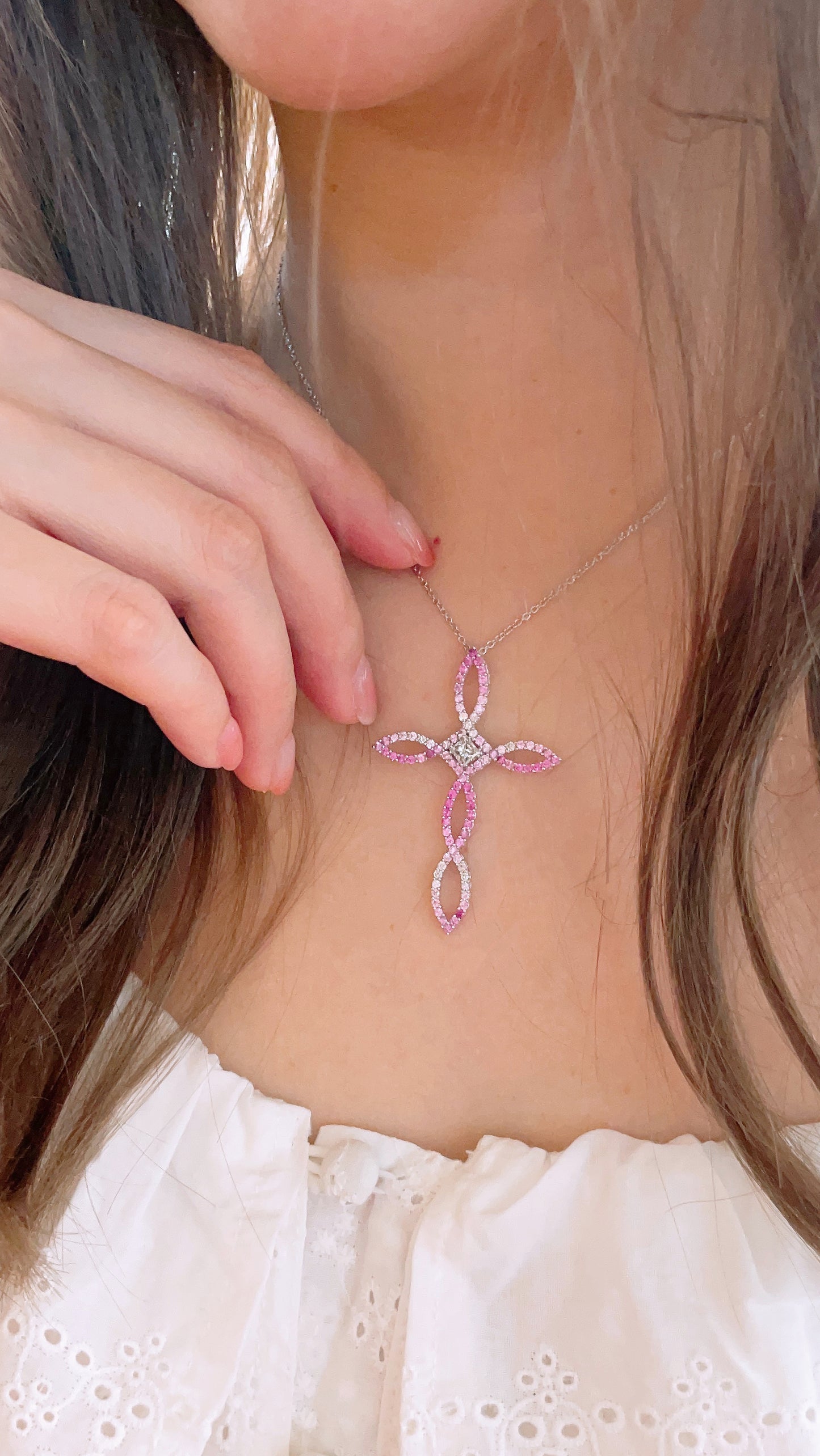 Pink Sapphire And Diamond Cross Pendant-BEO00001443