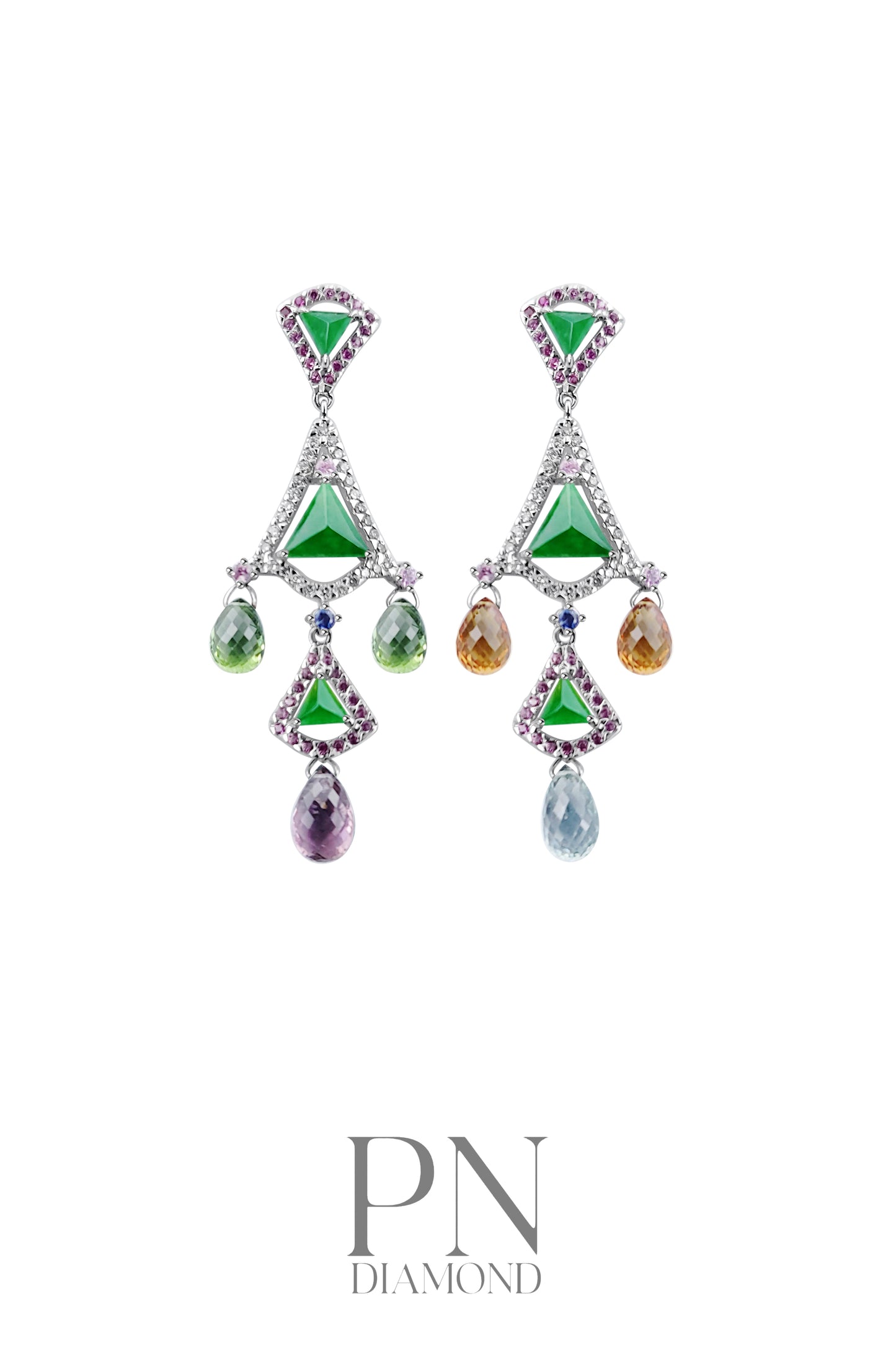 Fei Cui Multi Color Sapphire & Diamond Earrings WCO00000237(證書 A 玉 )