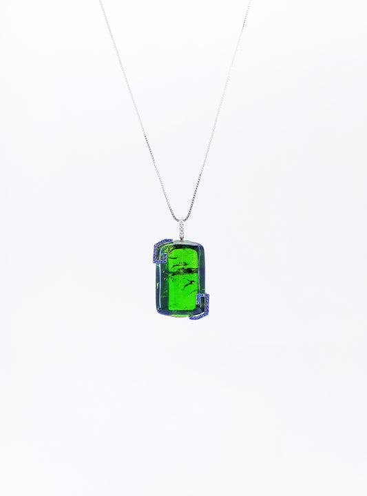 Geeen Tourmaline Blue Sapphire Diamond Pendant-BEO00002450