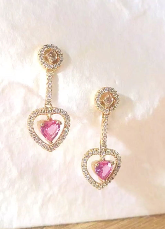 Heart Shape Pink Sapphire and Diamond Drop Earrings-BCO00000685