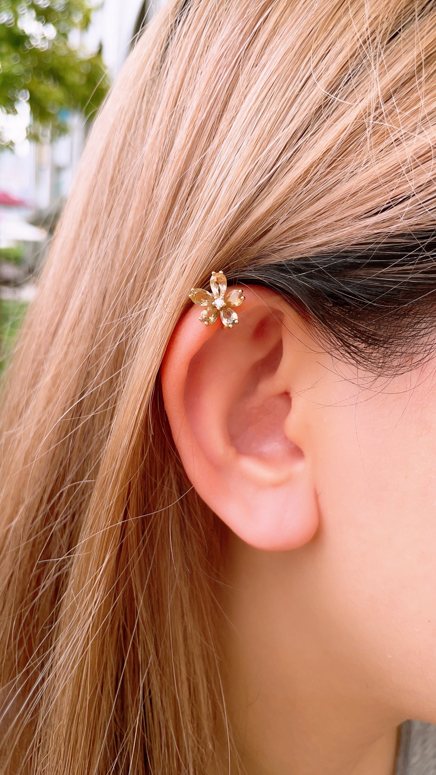 Yellow Tourmaline and Natural Diamond Flower Ear Cuff-BCO00001703