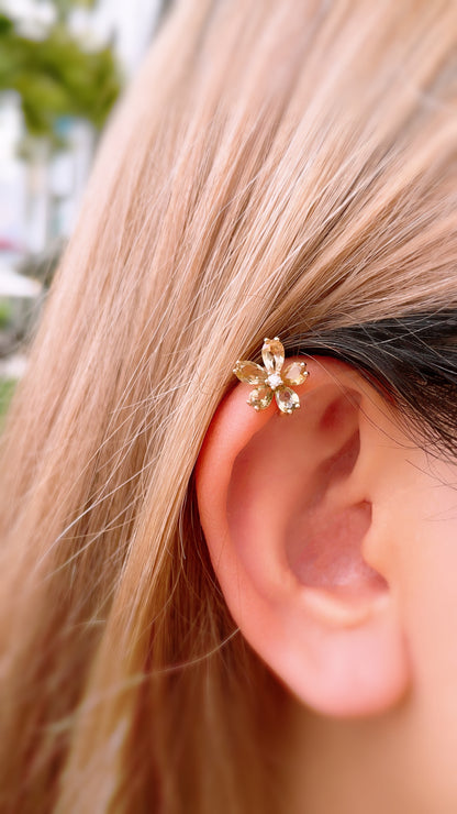 Yellow Tourmaline and Natural Diamond Flower Ear Cuff-BCO00001703