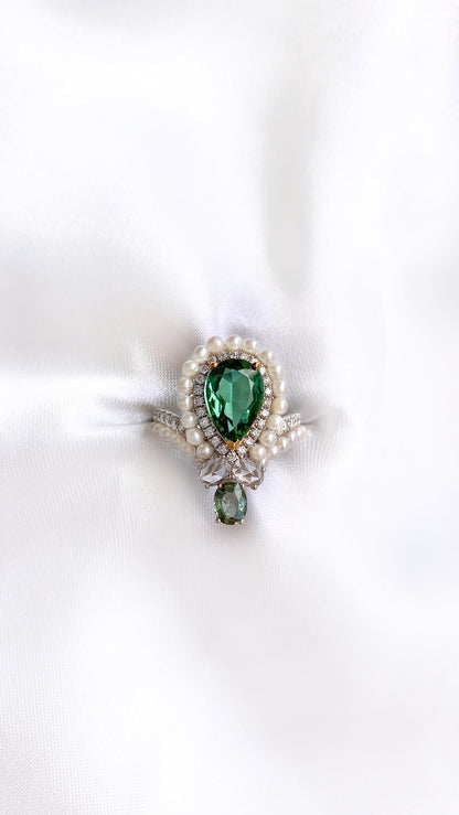 Green Tourmaline, Pearl and Diamond Ring-KFO00000288