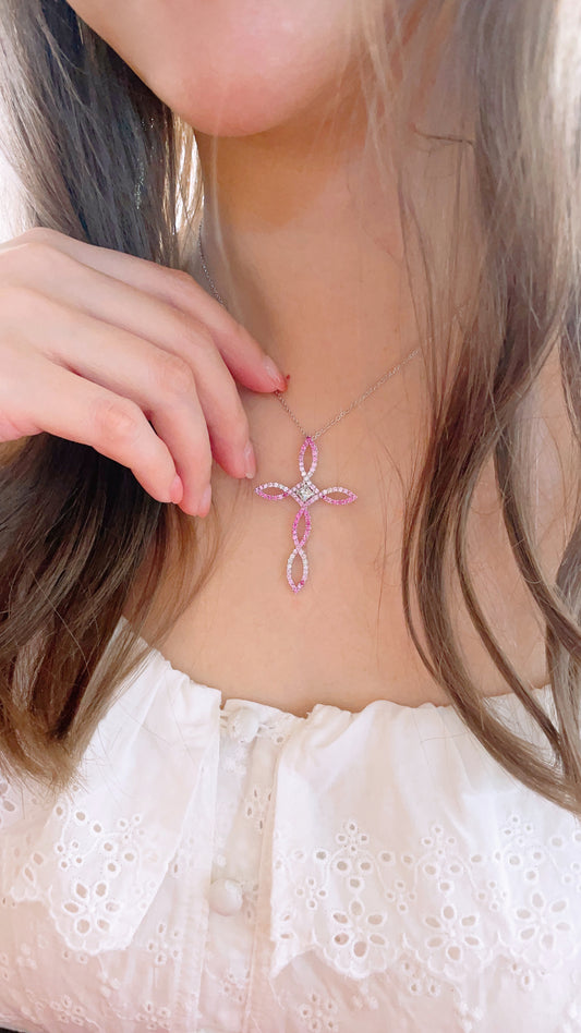 Pink Sapphire And Diamond Cross Pendant-BEO00001443