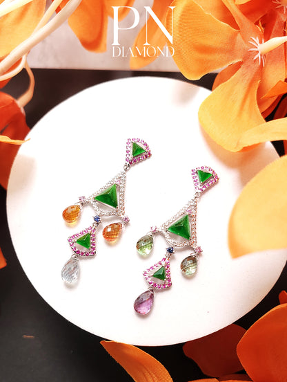 Fei Cui Multi Color Sapphire & Diamond Earrings WCO00000237(證書 A 玉 )