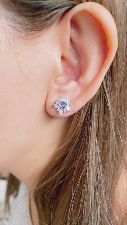 Purple Sapphire and Diamond Flower Earrings-WK3708