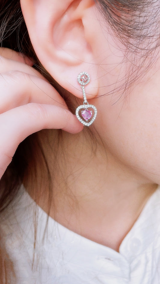 Heart Shape Pink Sapphire and Diamond Drop Earrings-BCO00000683