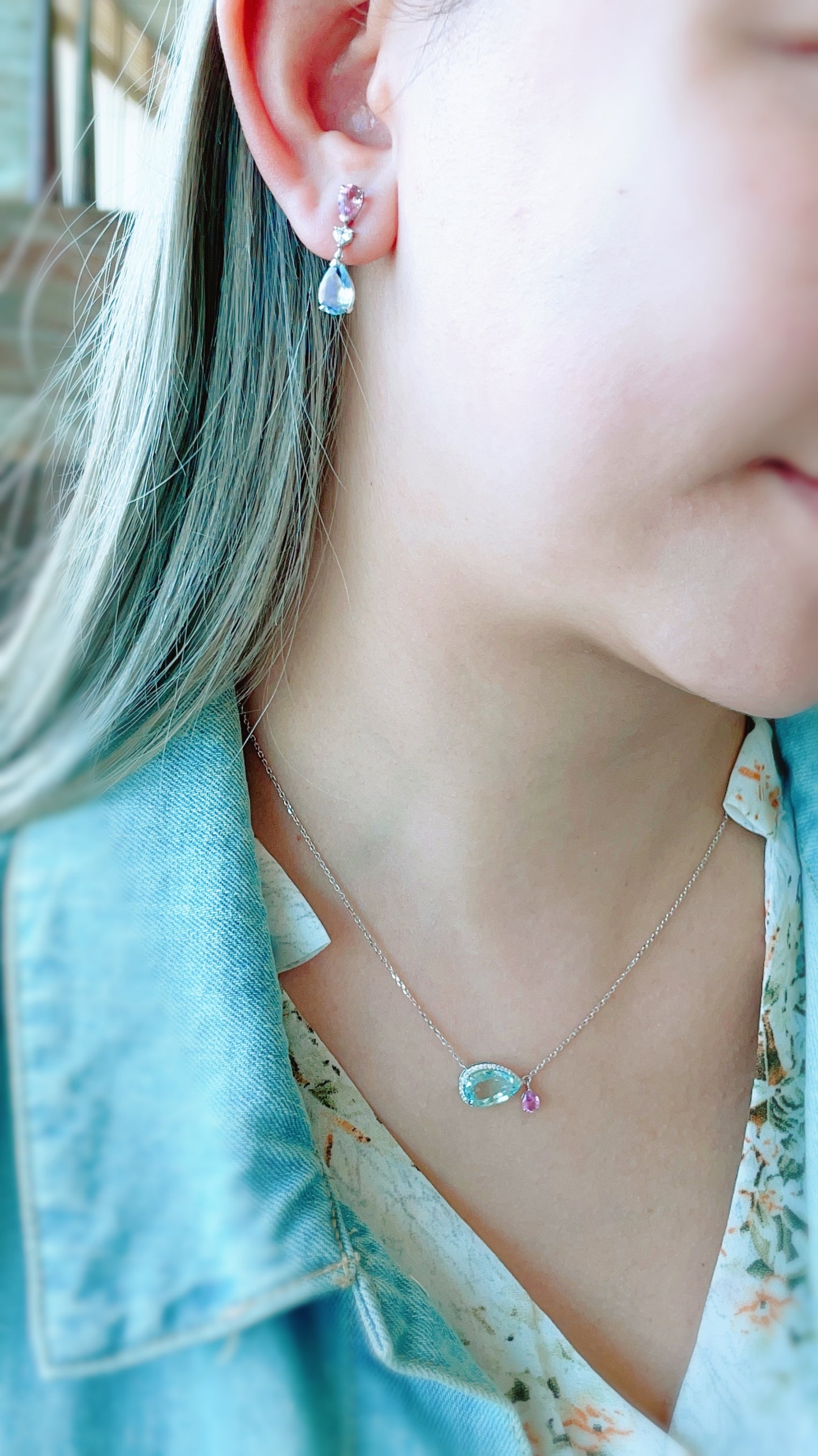 Aquamarine & Pink Sapphire Necklace-WK3657