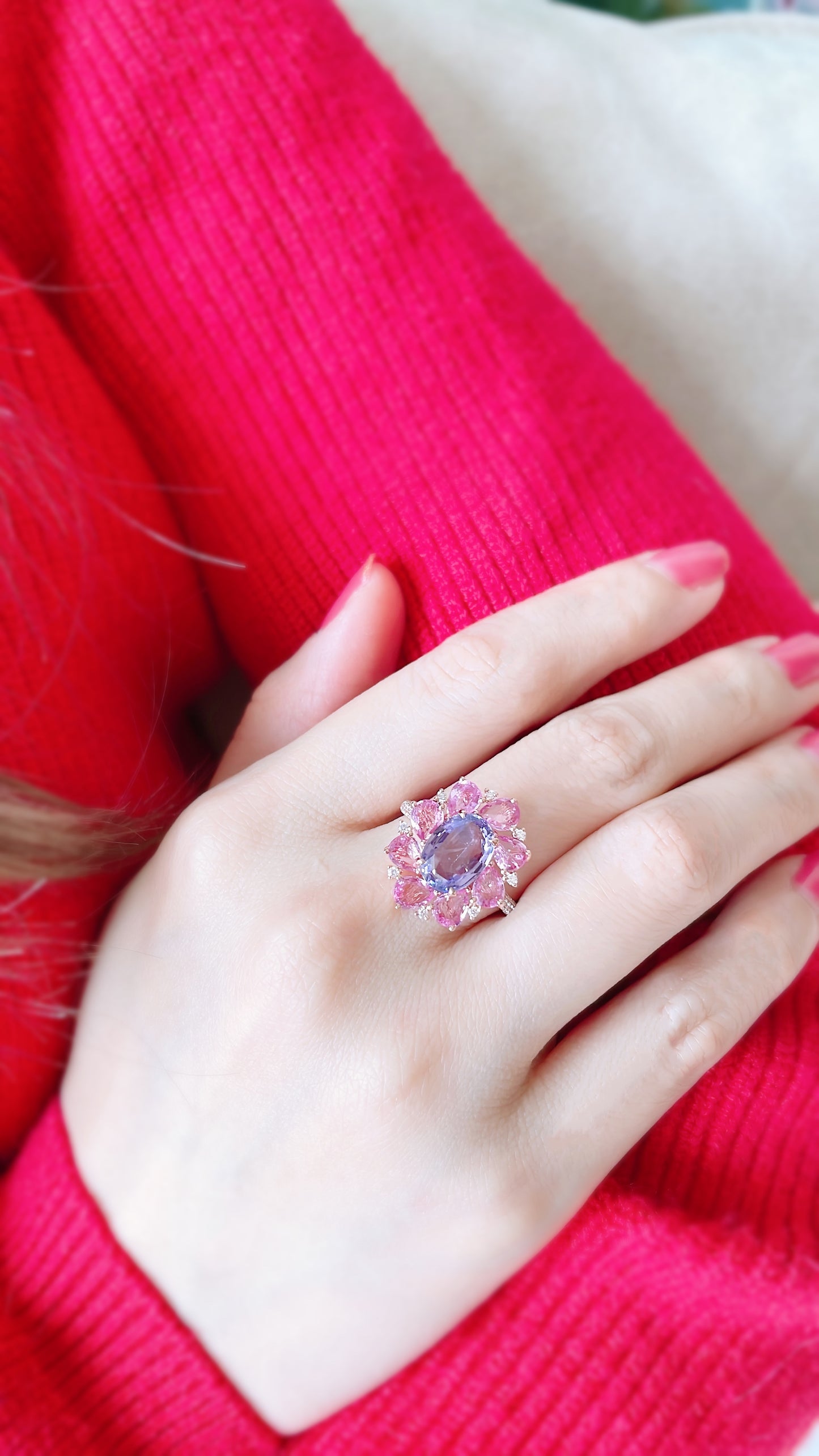 Purple, Pink Sapphire and Diamond Flower Ring-WK3656