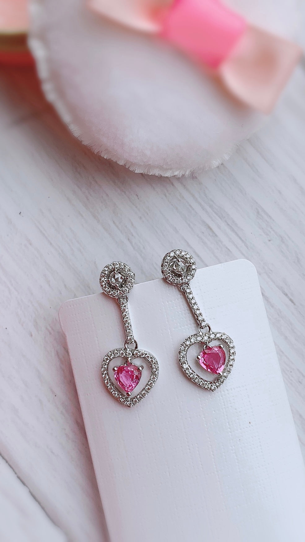 Heart Shape Pink Sapphire and Diamond Drop Earrings-BCO00000683