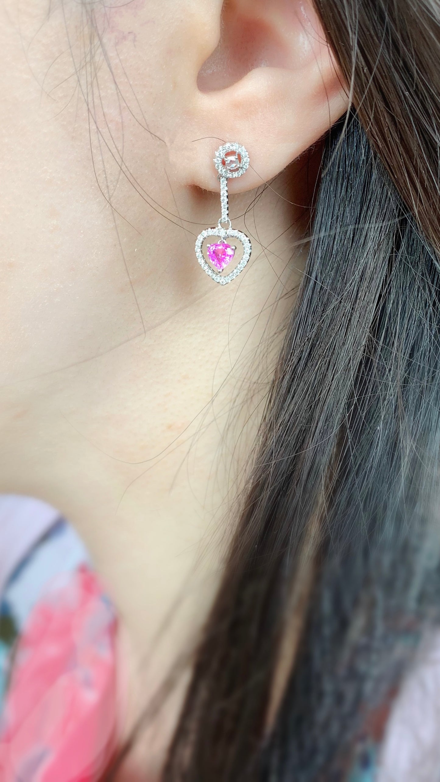 Heart Shape Pink Sapphire and Diamond Drop Earrings-BCO00000683