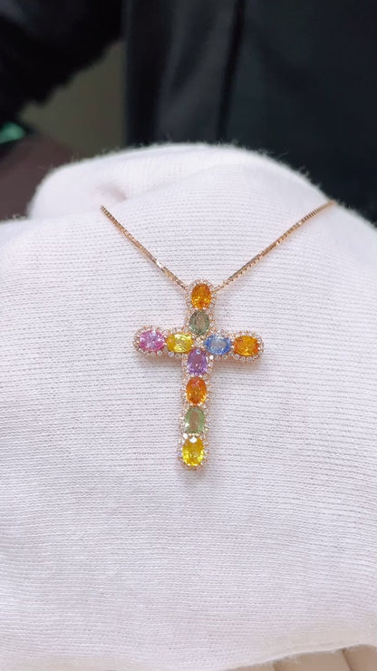 Rainbow Sapphire & Diamond Cross Pendant-WK3781