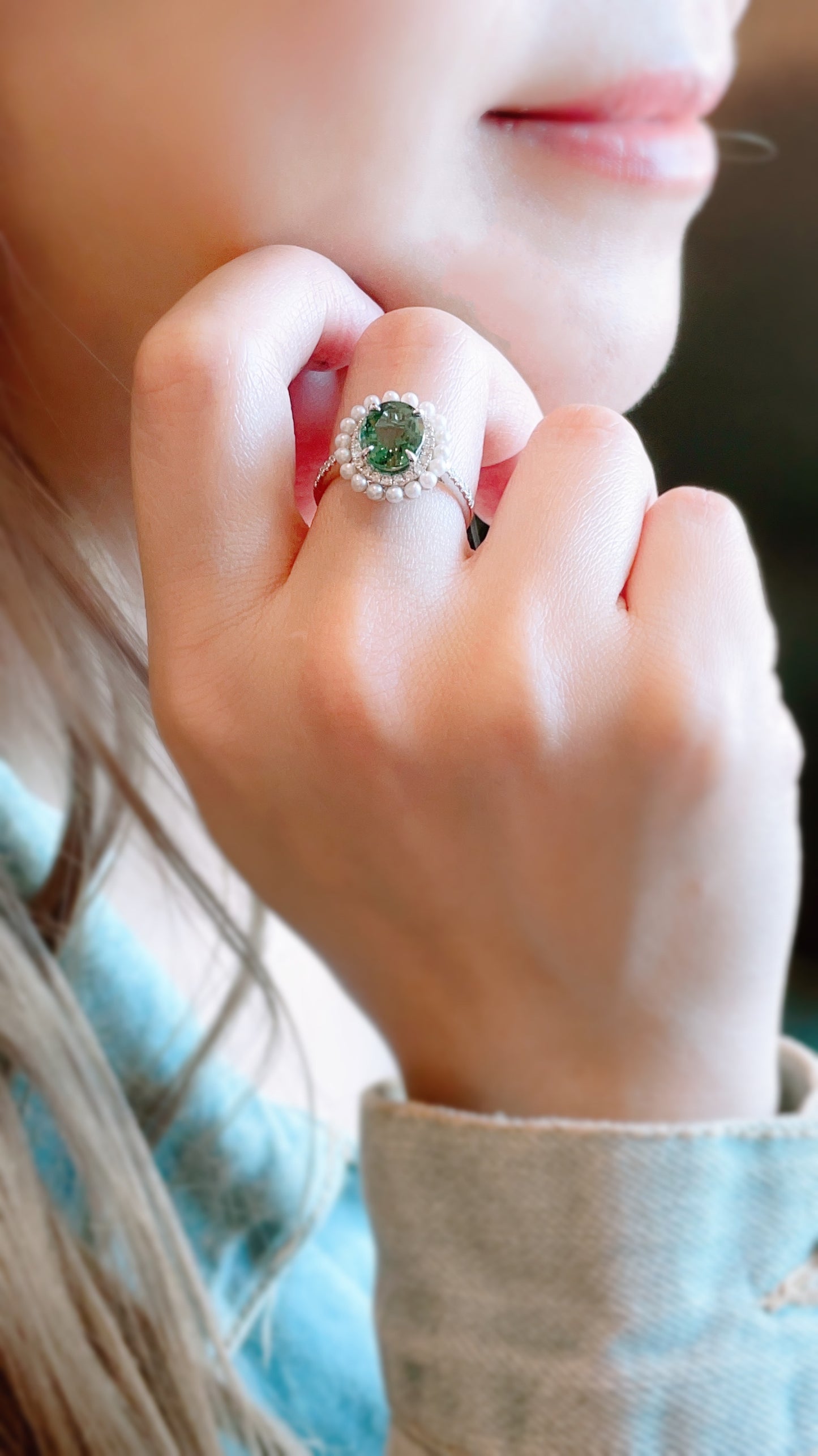 Green Tourmaline, Pearl and Diamond Ring-WK3422