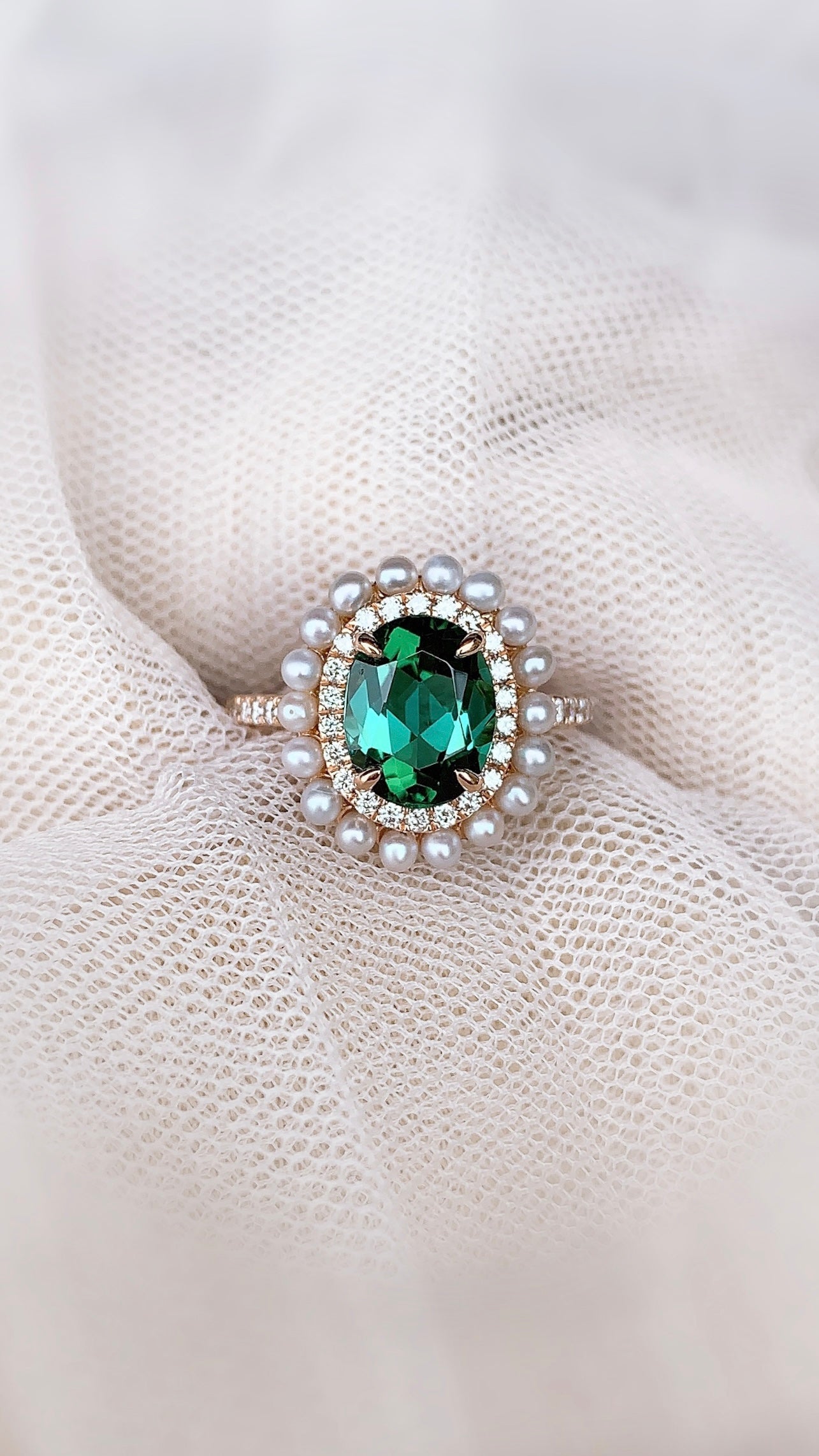 Green Tourmaline, Pearl and Diamond Ring-WK3422