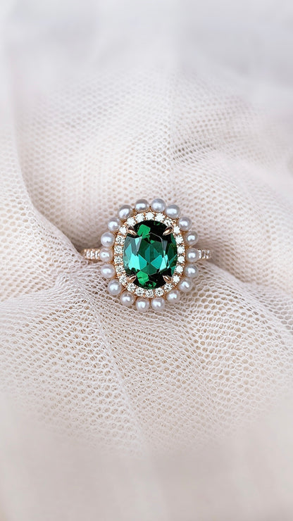 Green Tourmaline, Pearl and Diamond Ring-WK3422