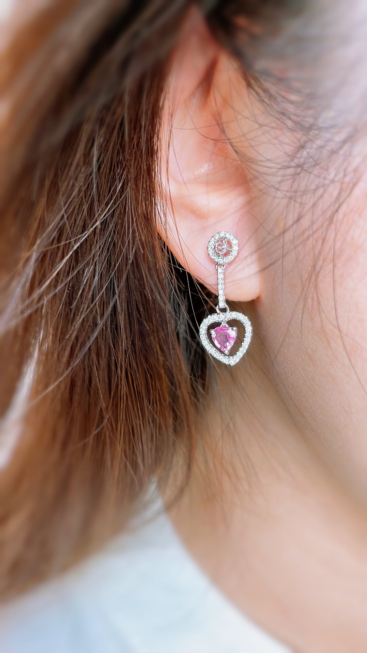 Heart Shape Pink Sapphire and Diamond Drop Earrings-BCO00000683