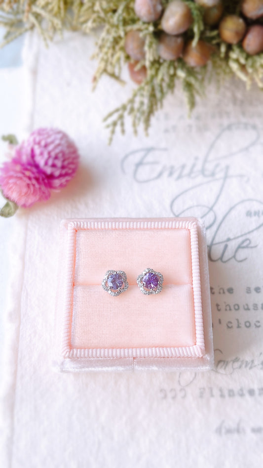 Purple Sapphire & Diamond Flower Earrings-WK3689