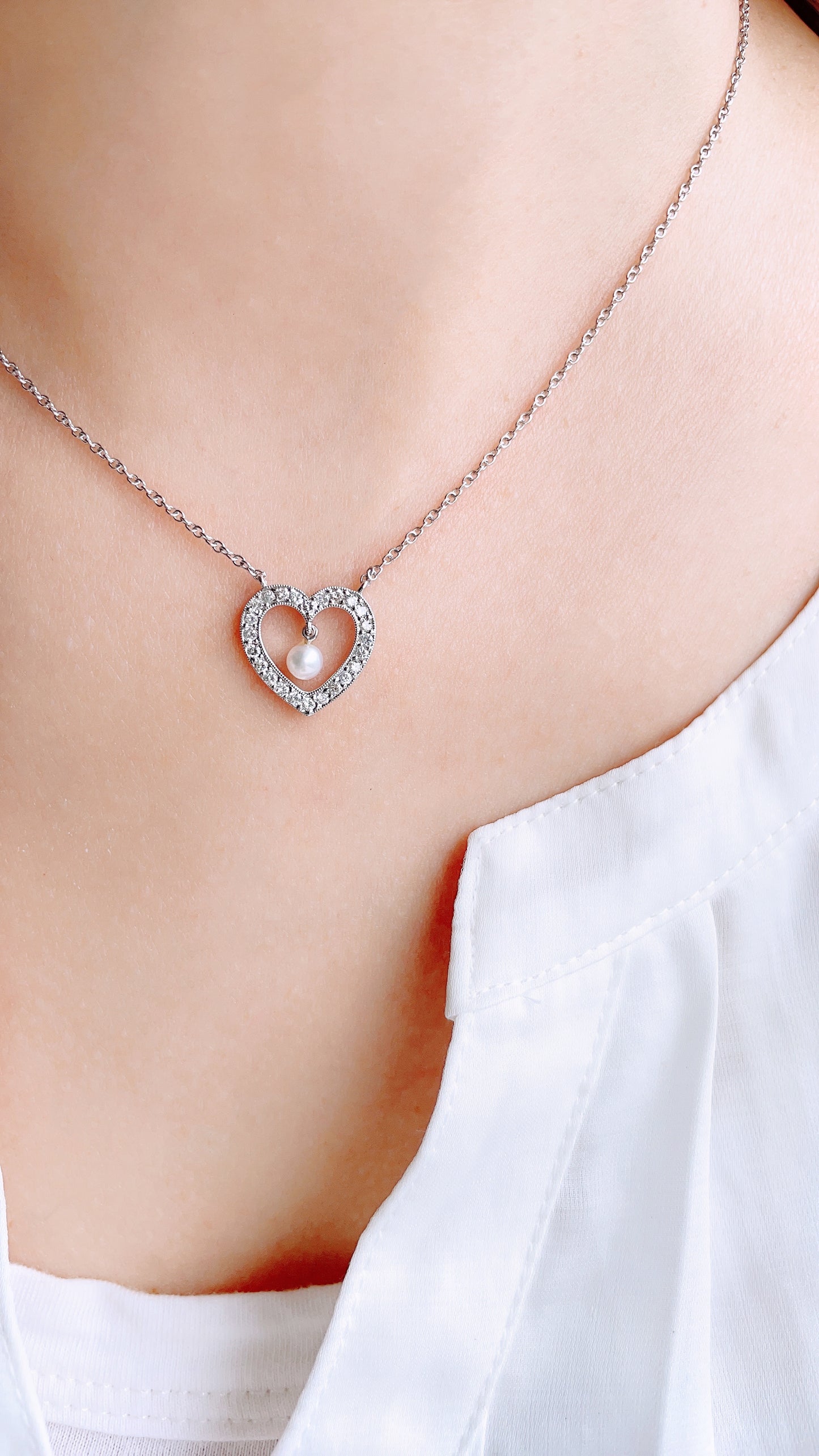 Diamond Heart and Pearl Necklace-KAO00000199