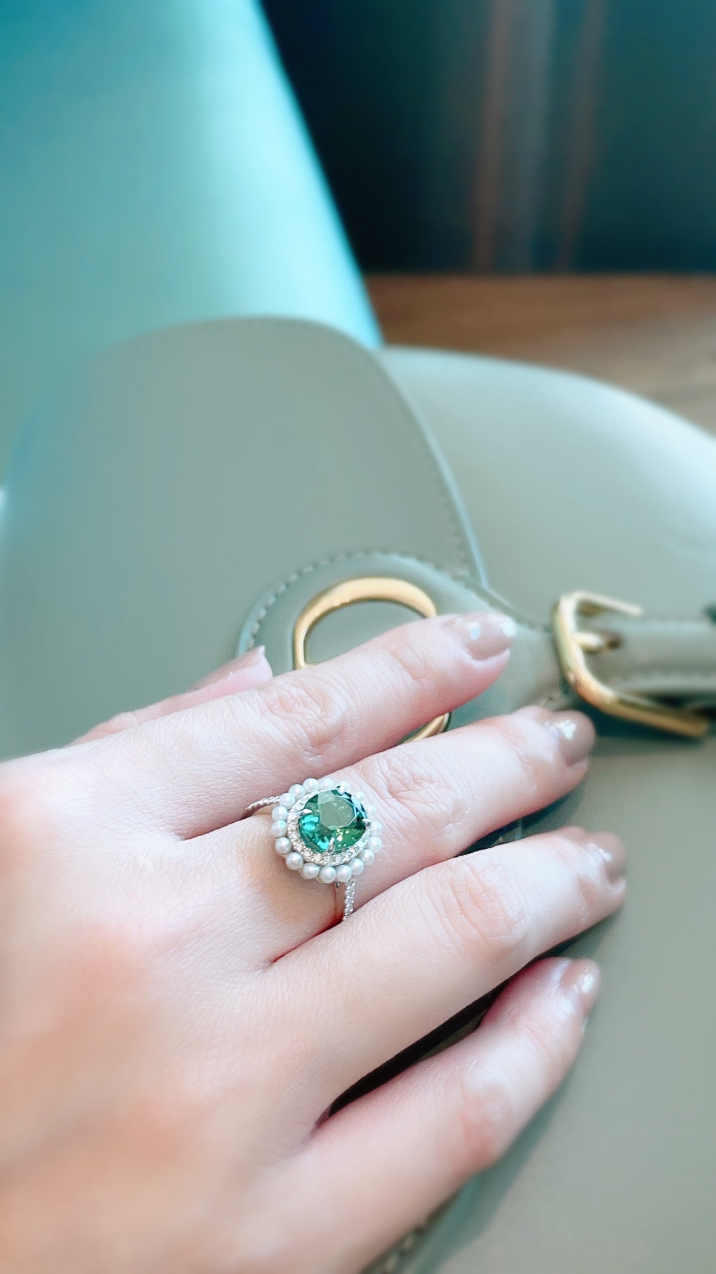 Green Tourmaline, Pearl and Diamond Ring-WK3422