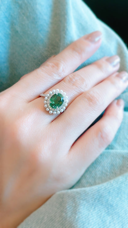 Green Tourmaline, Pearl and Diamond Ring-WK3422