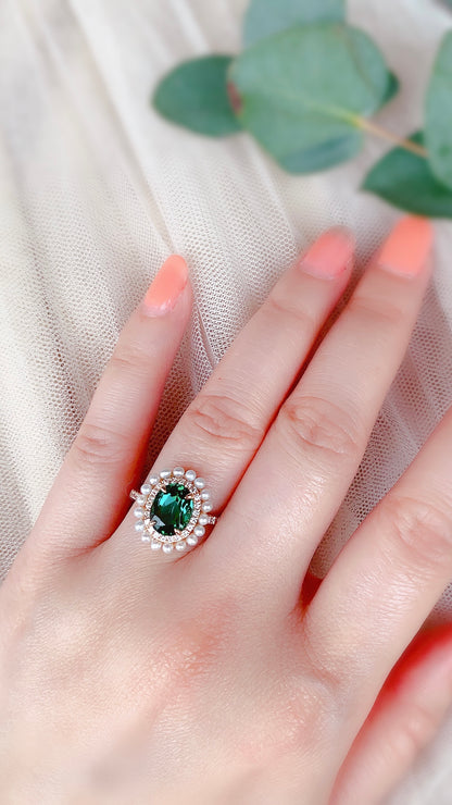 Green Tourmaline, Pearl and Diamond Ring-WK3422