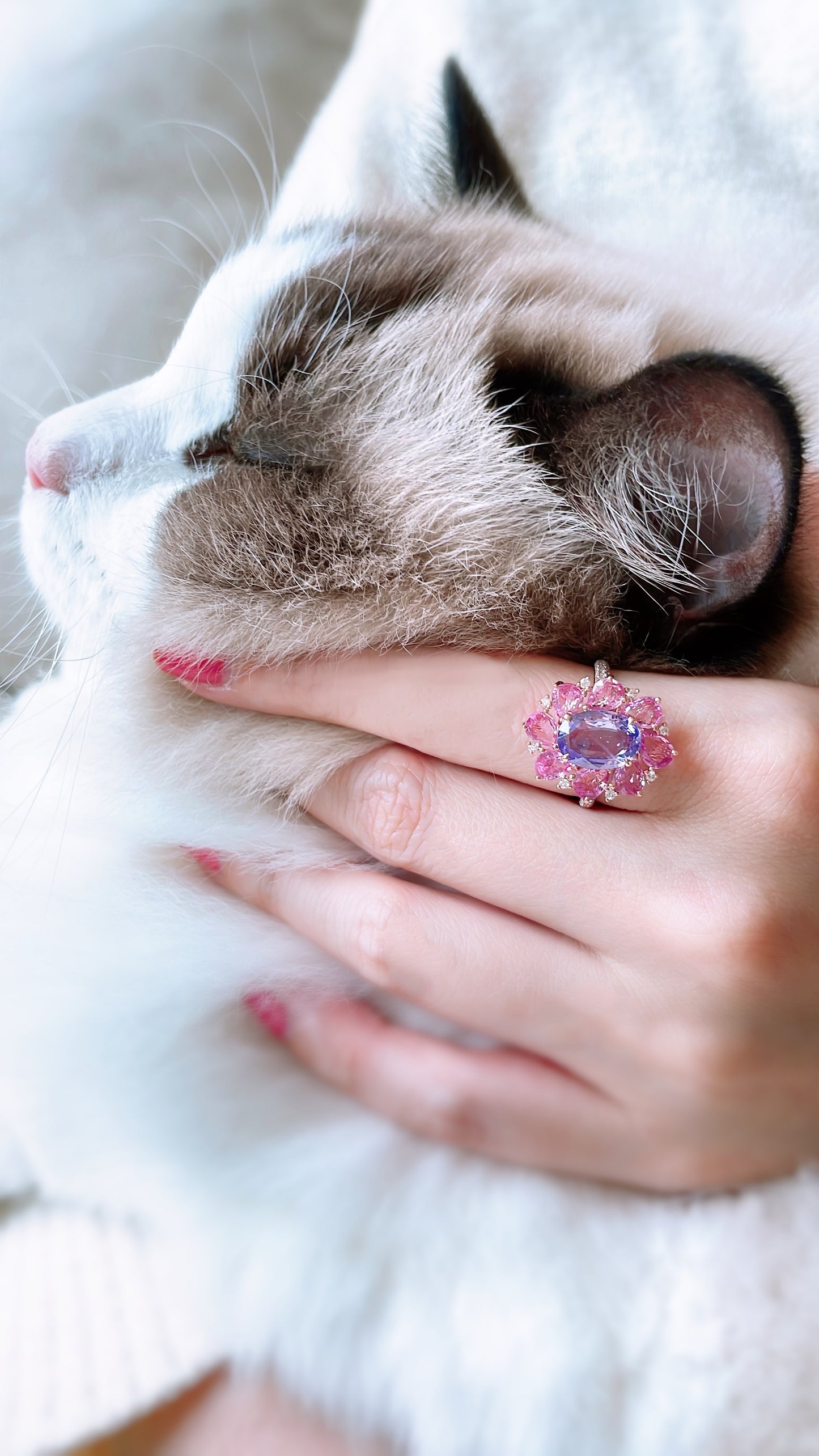 Purple, Pink Sapphire and Diamond Flower Ring-WK3656