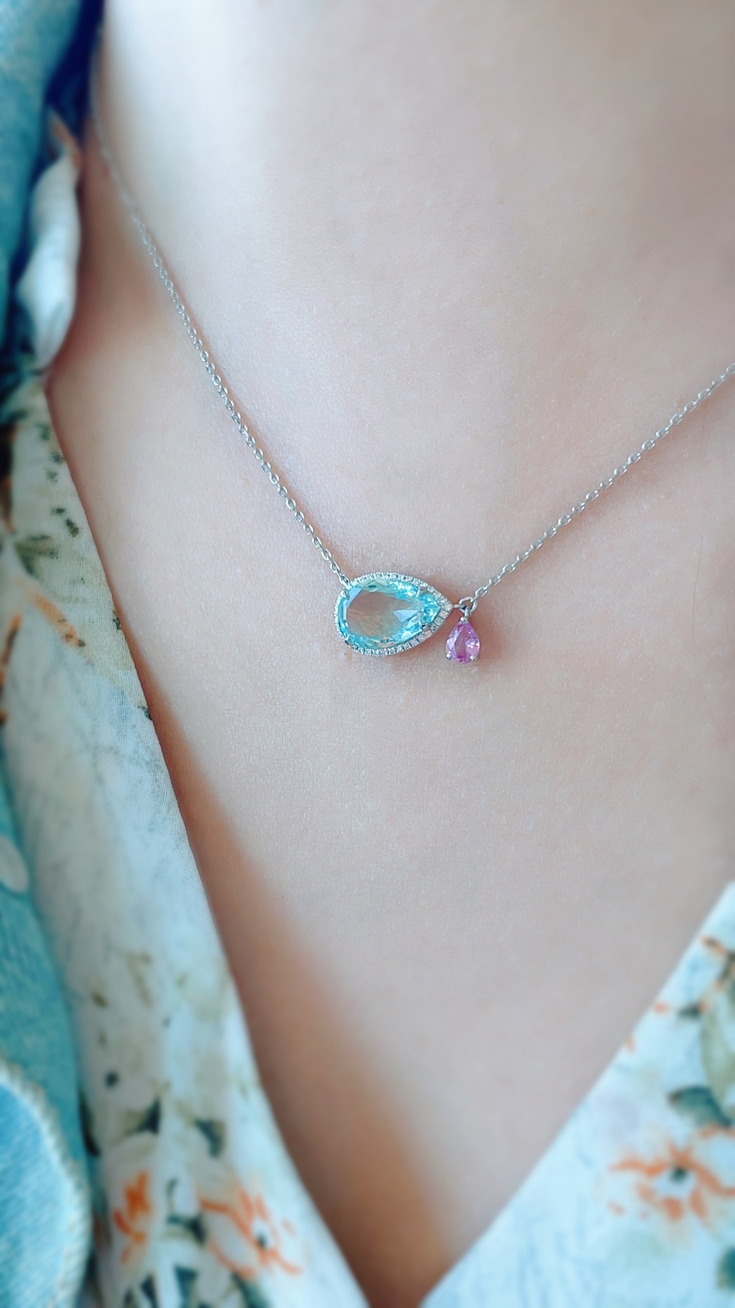 Aquamarine & Pink Sapphire Necklace-WK3657