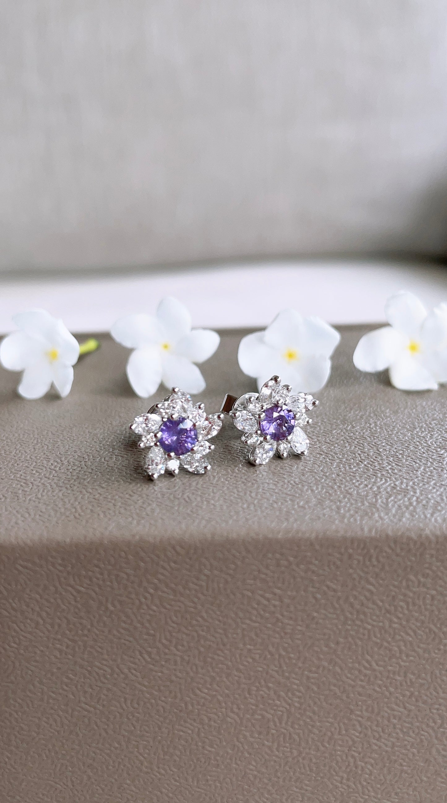 Purple Sapphire and Diamond Flower Earrings-WK3708