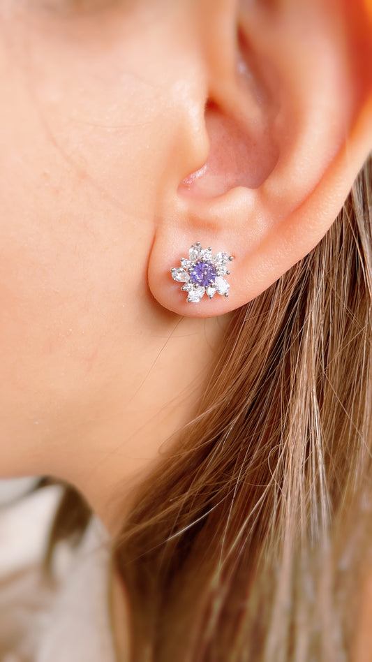 Purple Sapphire and Diamond Flower Earrings-WK3708