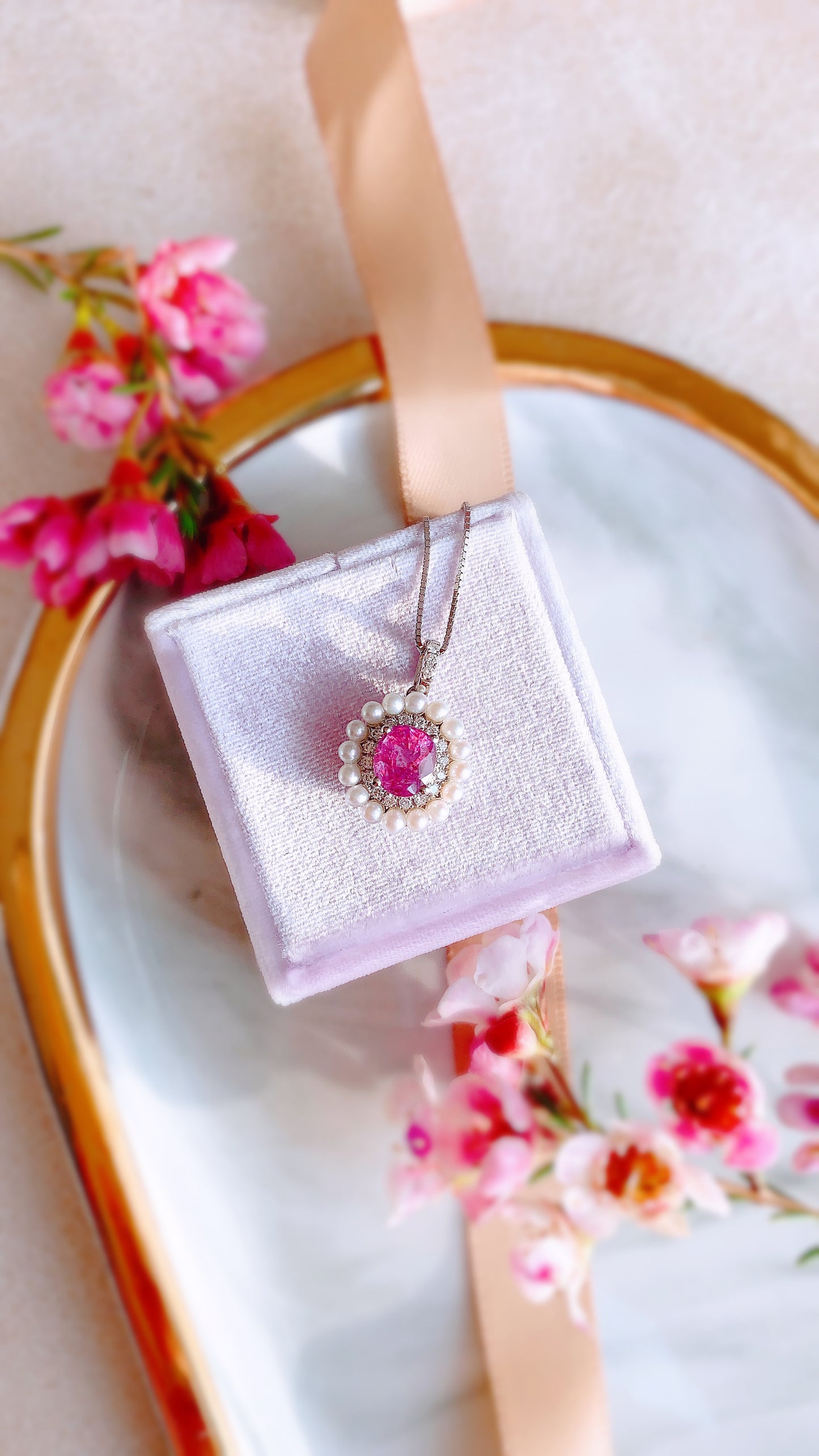 Pink Sapphire, Pearl and Diamond Pendant-BEO00002473